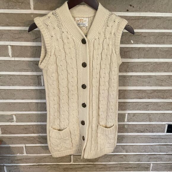 Lambswool Cyn Les sweater vest Cableknit cream aran preppy vintage fisherman - Picture 1 of 9